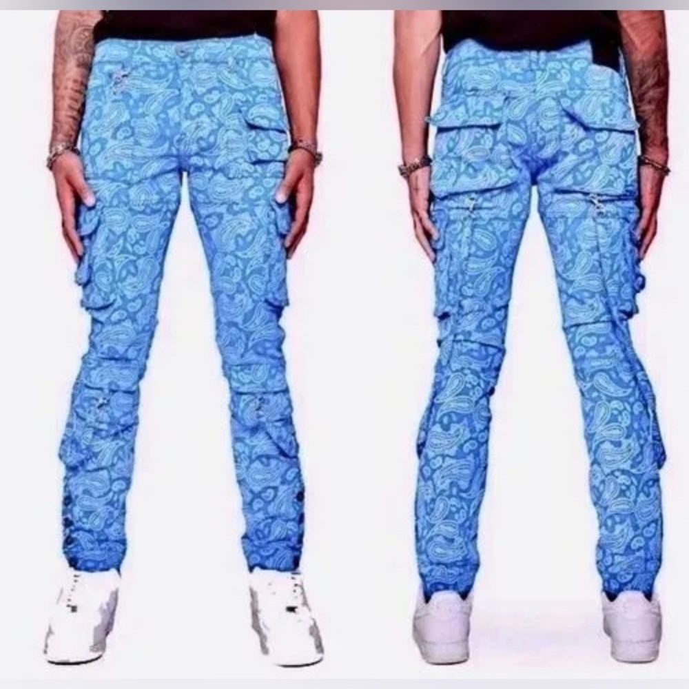 Valabasas Jeans Cargo Straps Edgy Streetwear Lyra Blue Paisley Bandana Sz-30 New